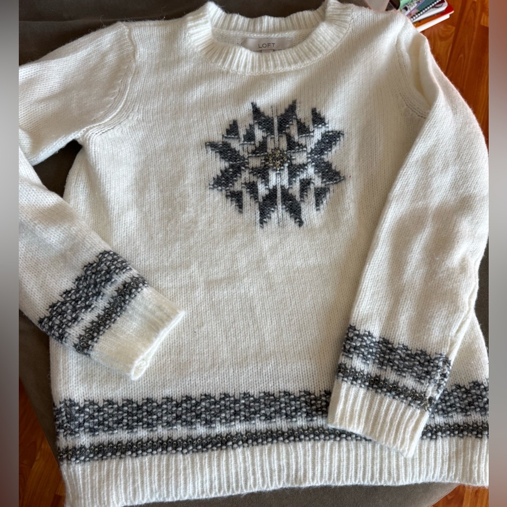 LOFT White Sweater with Gray Snowflake Design